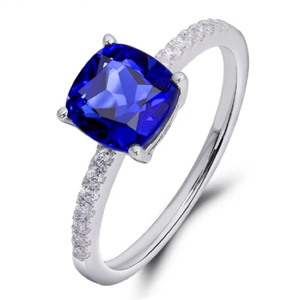 Dainty Dark Blue Sapphire Cushion Cut Silver Ring - Picture 4 of 7